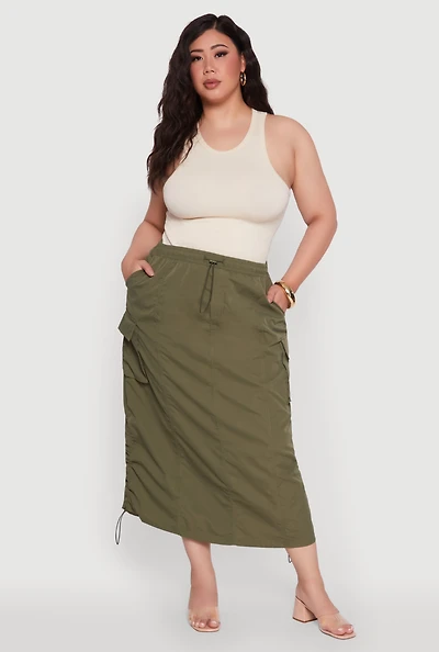 Womens Plus Poplin Toggle Drawstring Waist Cargo Skirt,