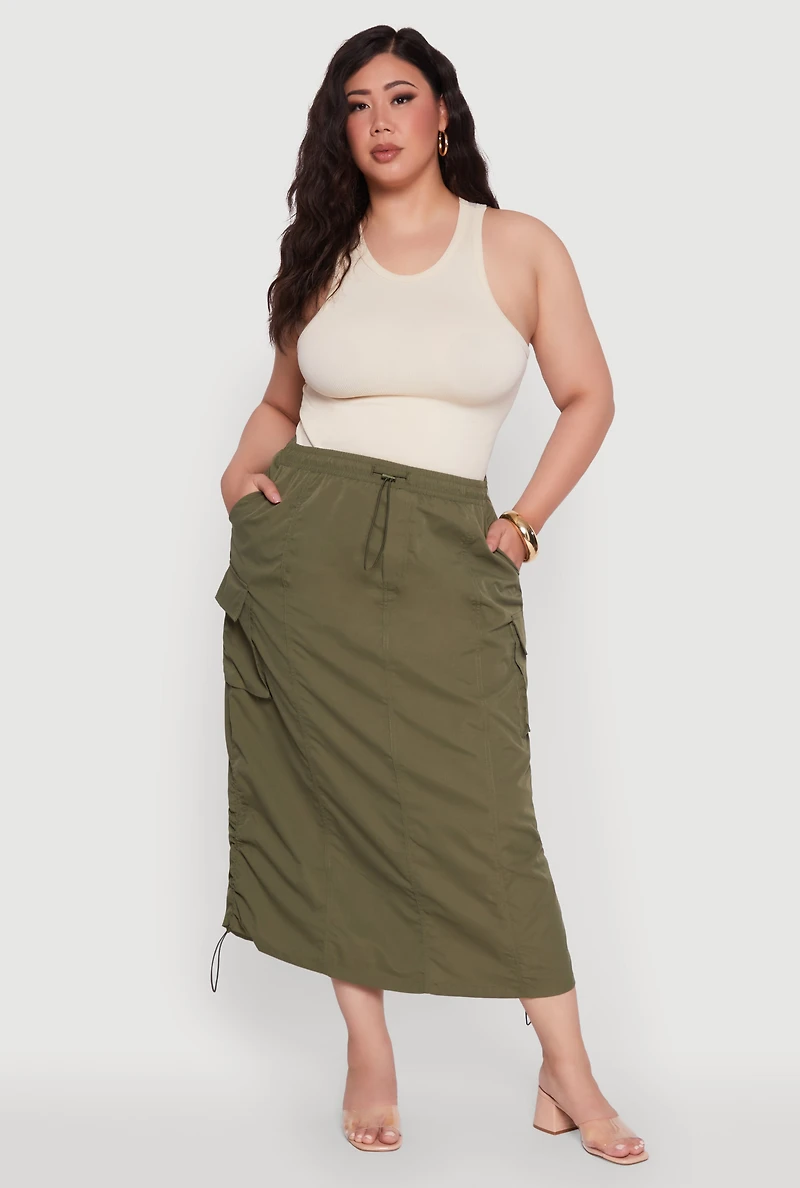 Womens Plus Size Poplin Toggle Drawstring Waist Cargo Skirt, Green, Size 1X