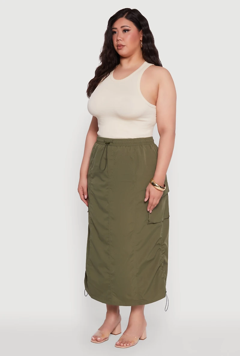 Womens Plus Poplin Toggle Drawstring Waist Cargo Skirt,