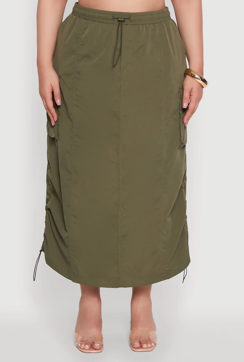 Womens Plus Poplin Toggle Drawstring Waist Cargo Skirt,