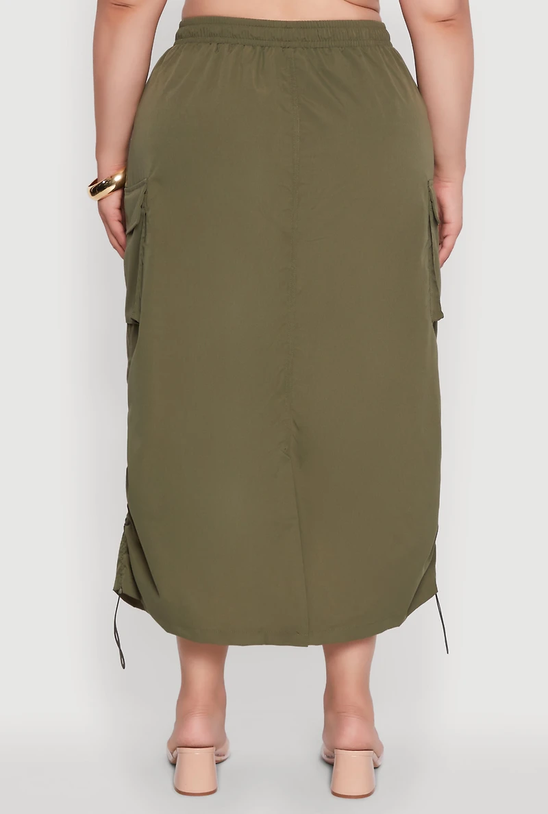 Womens Plus Poplin Toggle Drawstring Waist Cargo Skirt,