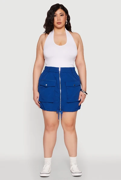 Womens Plus Size Zip Front Cargo Pocket Skirt, Blue, Size 2X