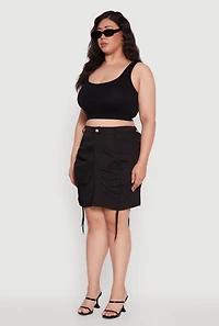 Womens Plus Size Poplin Drawstring Ruched Mini Skirt, Black, Size 2X