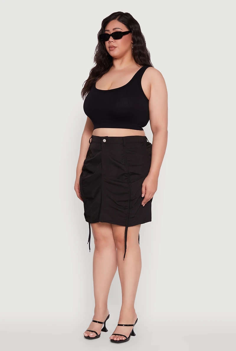 Womens Plus Poplin Drawstring Ruched Mini Skirt, 2X