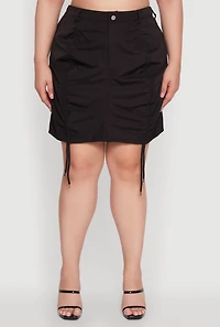 Womens Plus Size Poplin Drawstring Ruched Mini Skirt, Black, Size 2X