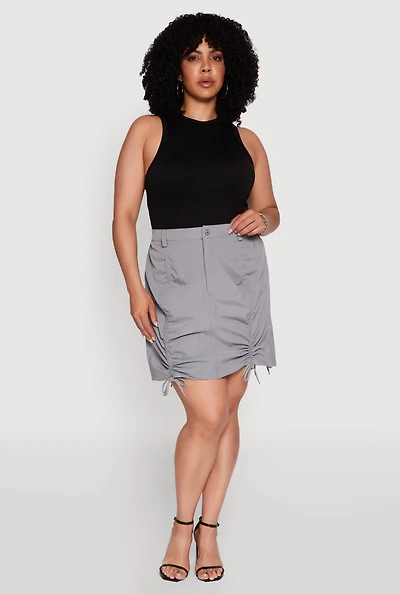 Womens Plus Size Poplin Drawstring Ruched Mini Skirt, Grey, Size 2X
