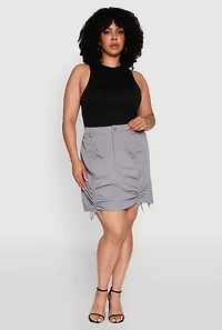 Womens Plus Size Poplin Drawstring Ruched Mini Skirt, Grey, Size 2X