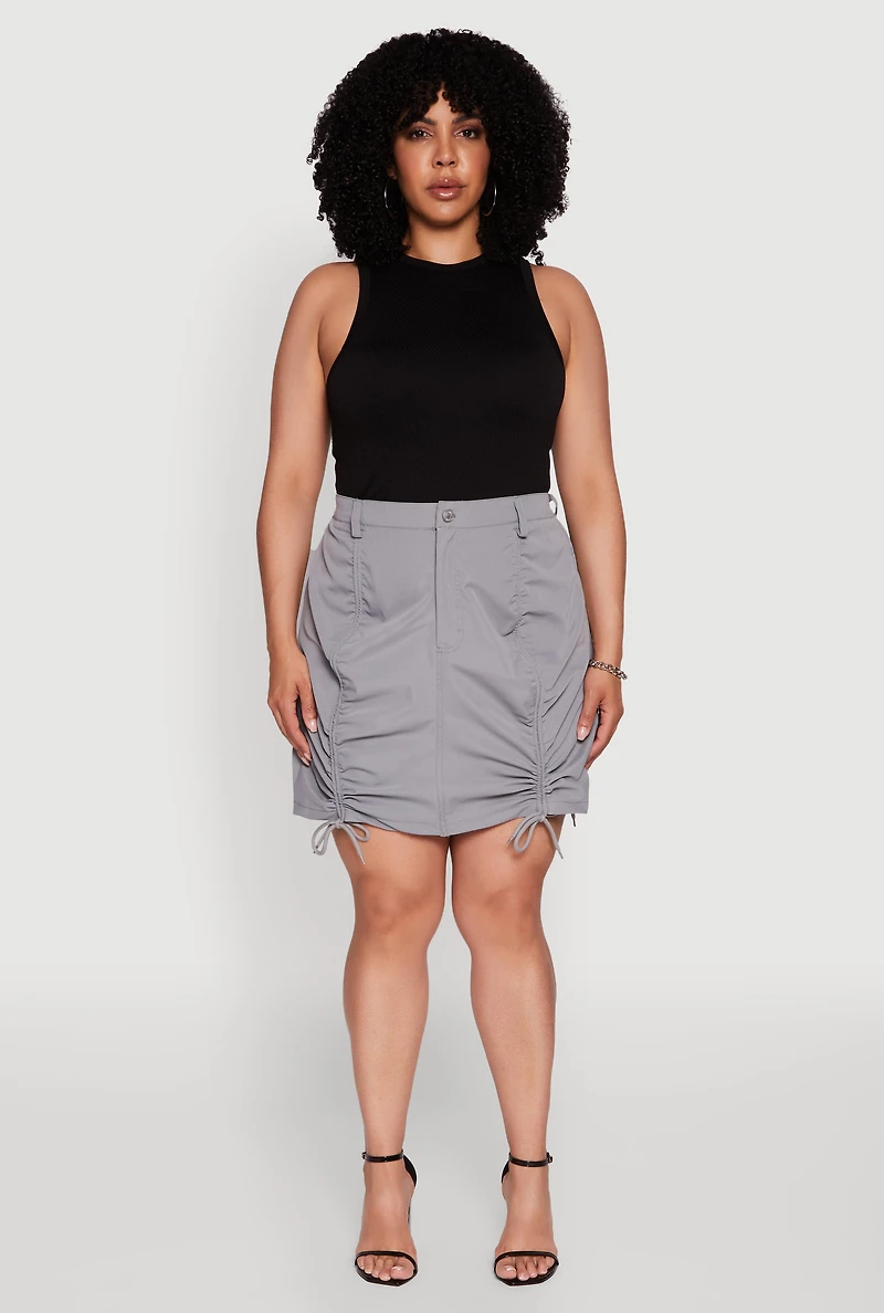Womens Plus Size Poplin Drawstring Ruched Mini Skirt, Grey, Size 2X