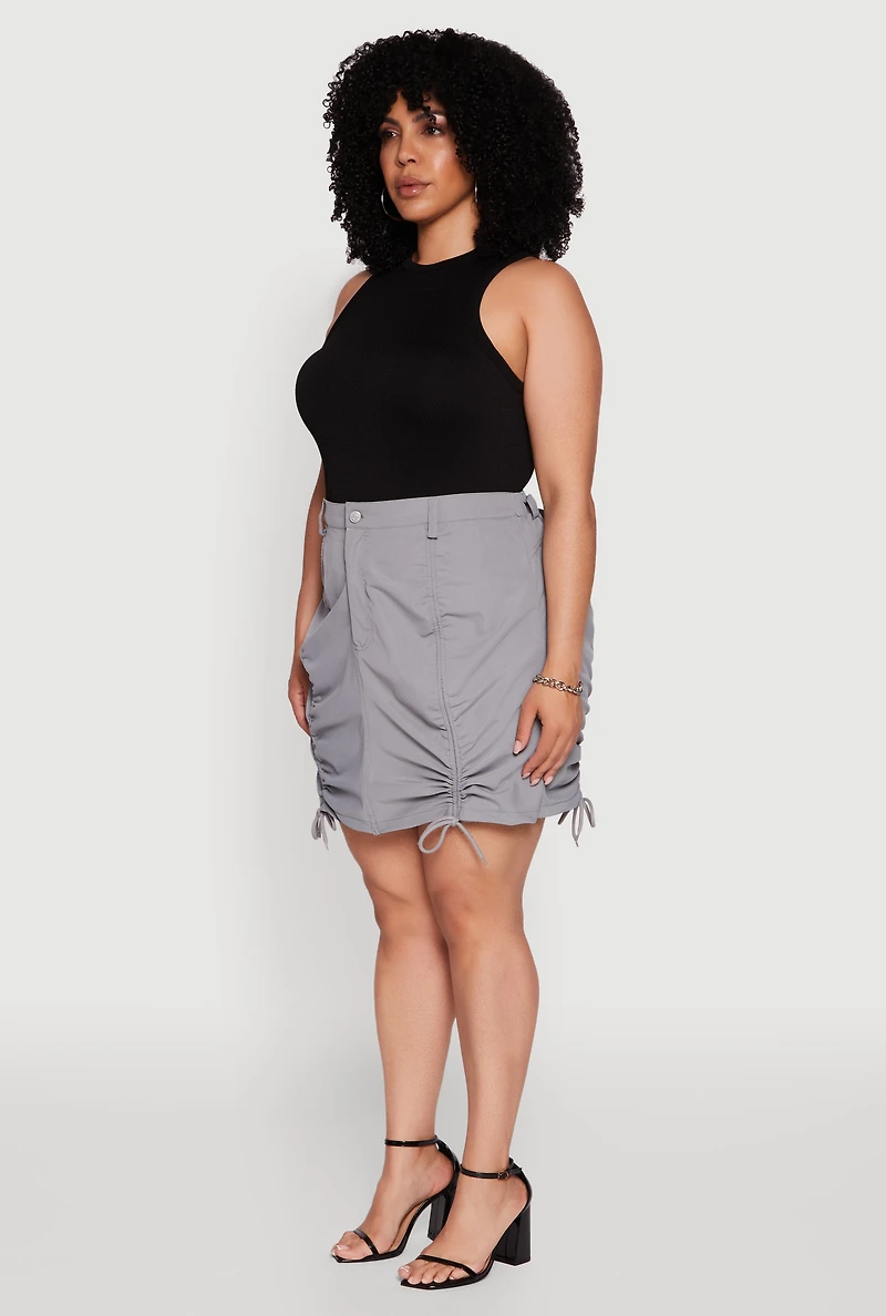 Womens Plus Size Poplin Drawstring Ruched Mini Skirt, Grey, Size 2X