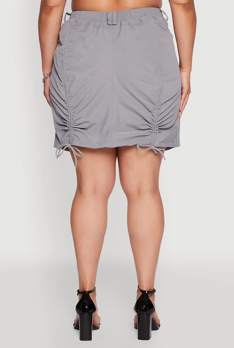 Womens Plus Size Poplin Drawstring Ruched Mini Skirt, Grey, Size 2X