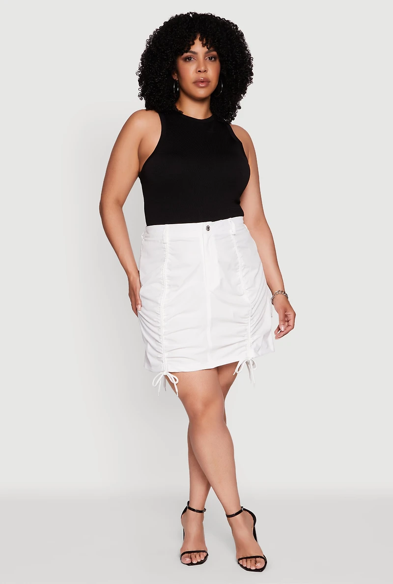 Womens Plus Size Poplin Drawstring Ruched Mini Skirt, White, Size 1X