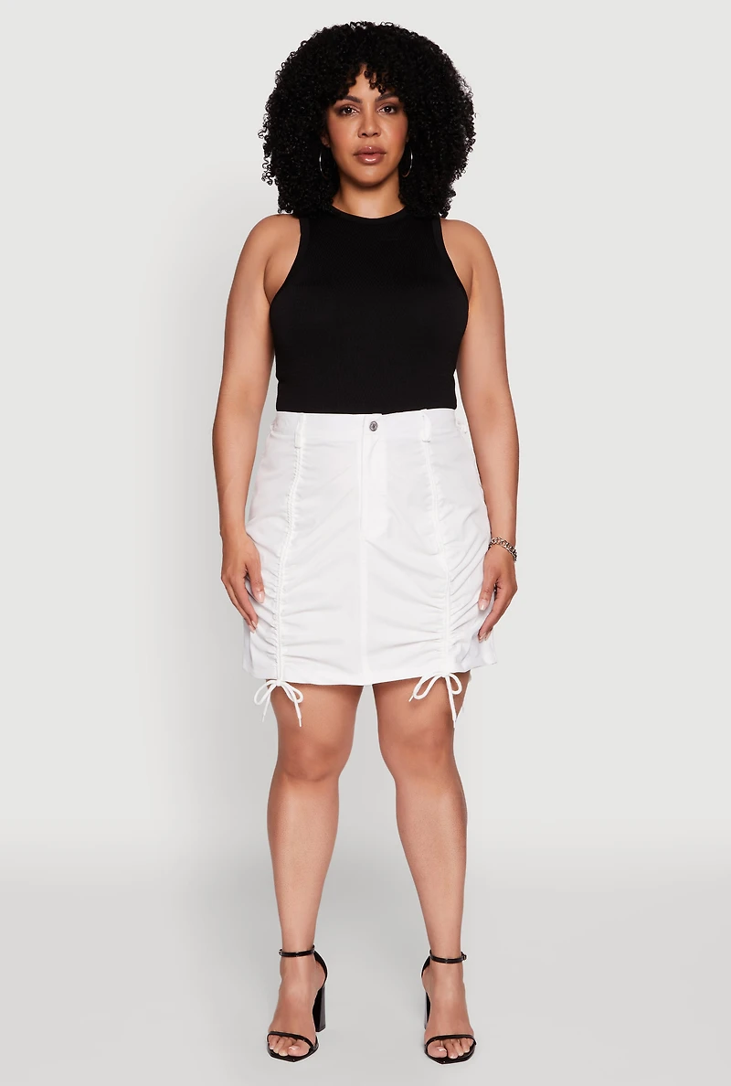 Womens Plus Size Poplin Drawstring Ruched Mini Skirt, White, Size 2X