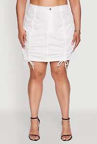 Womens Plus Size Poplin Drawstring Ruched Mini Skirt, White, Size 2X