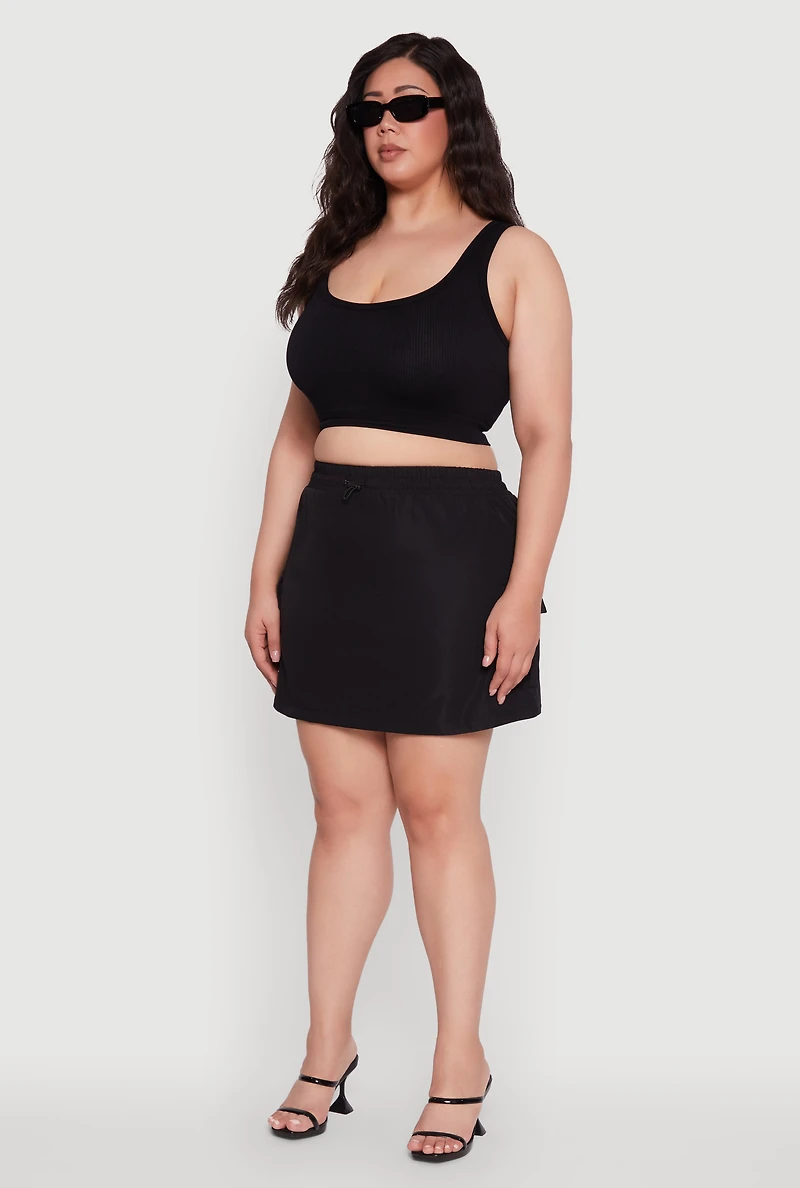 Womens Plus Size Poplin Drawstring Waist Cargo Skort, Black, Size 2X