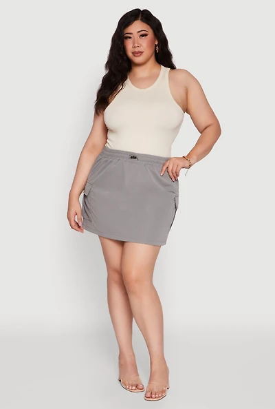 Womens Plus Size Poplin Drawstring Waist Cargo Skort, Grey, Size 3X