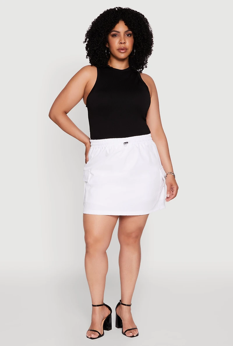 Womens Plus Size Poplin Drawstring Waist Cargo Skort, White, Size 3X