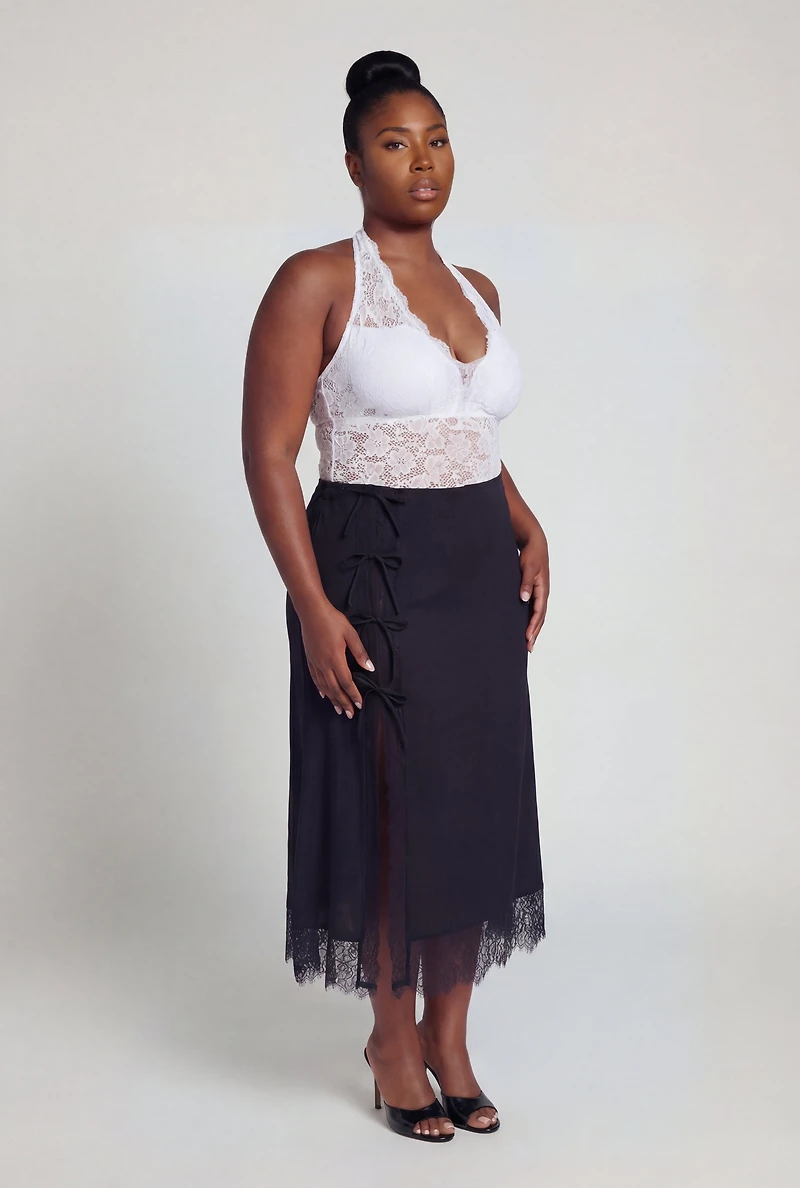 Plus Lace Detail Midi Skirt with Bows