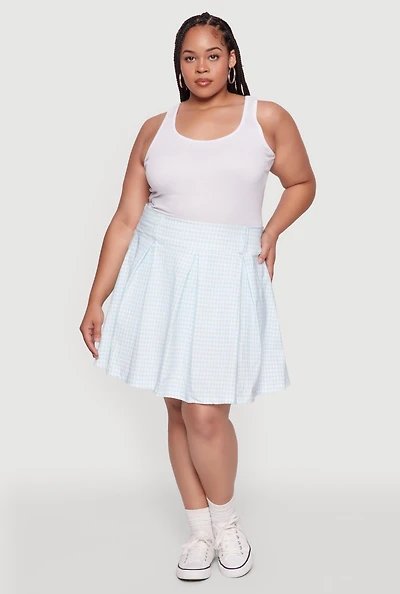 Womens Plus Size Trendy Plaid High Waist Pleated Skirt, Blue, Size 1X