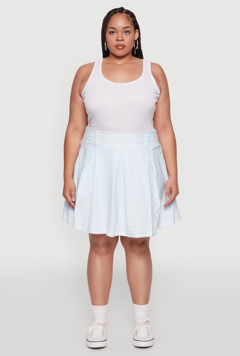 Womens Plus Size Trendy Plaid High Waist Pleated Skirt, Blue, Size 1X