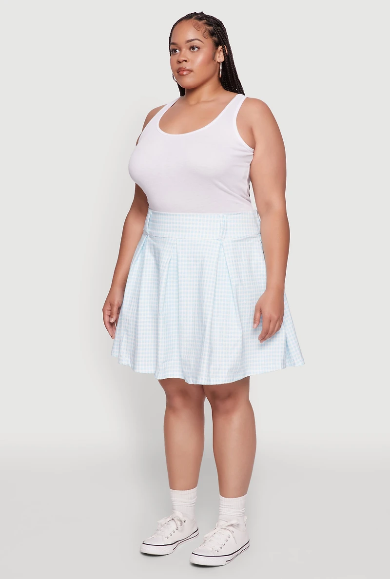Womens Plus Size Trendy Plaid High Waist Pleated Skirt, Blue, Size 1X