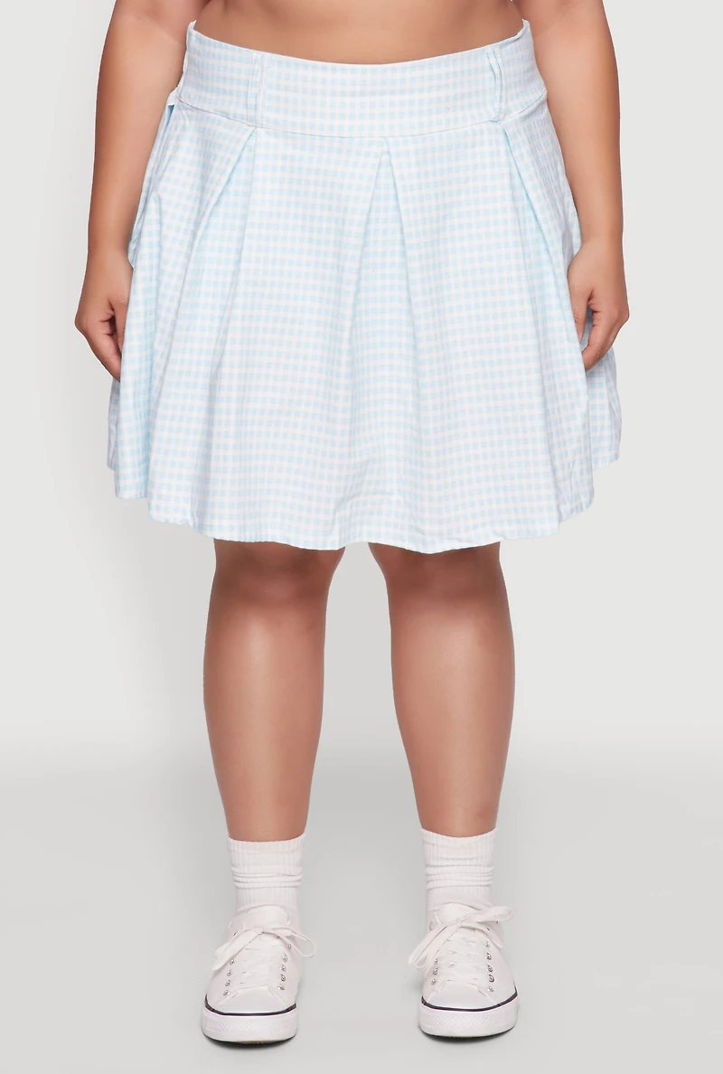 Womens Plus Size Trendy Plaid High Waist Pleated Skirt, Blue, Size 1X
