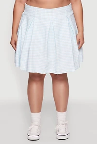 Womens Plus Size Trendy Plaid High Waist Pleated Skirt, Blue, Size 1X