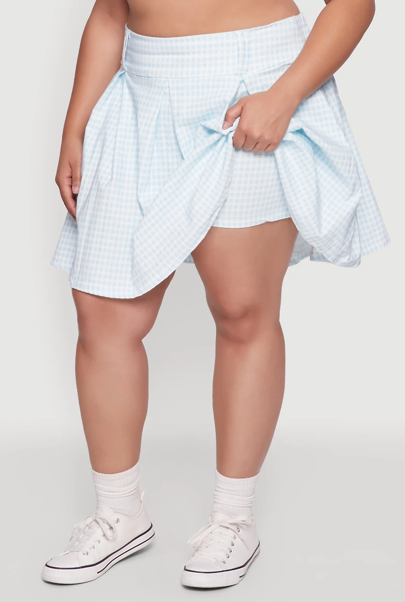 Womens Plus Size Trendy Plaid High Waist Pleated Skirt, Blue, Size 1X