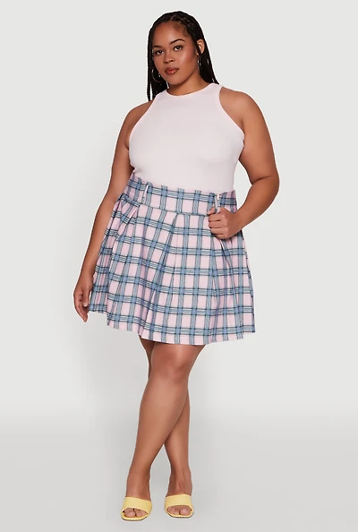 Womens Plus Size Trendy Plaid High Waist Pleated Skirt, Multi, Size 1X