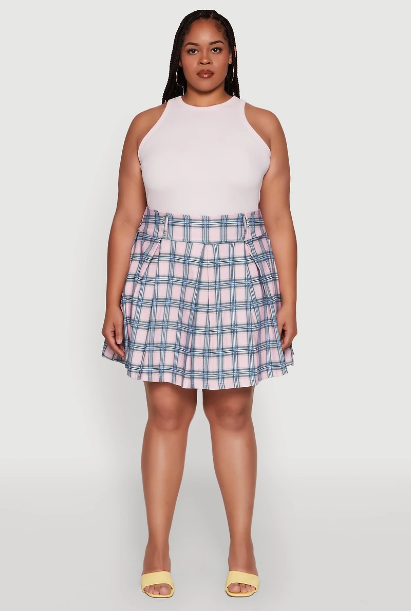 Womens Plus Trendy Plaid High Waist Pleated Skirt,