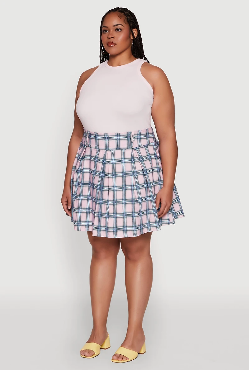 Womens Plus Trendy Plaid High Waist Pleated Skirt,