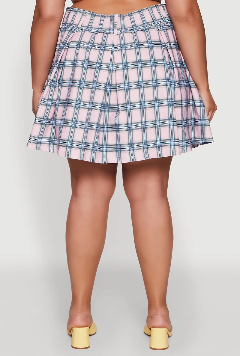 Womens Plus Trendy Plaid High Waist Pleated Skirt,