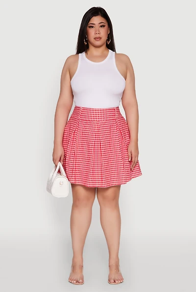 Womens Plus Trendy Plaid High Waist Pleated Skirt, Red,