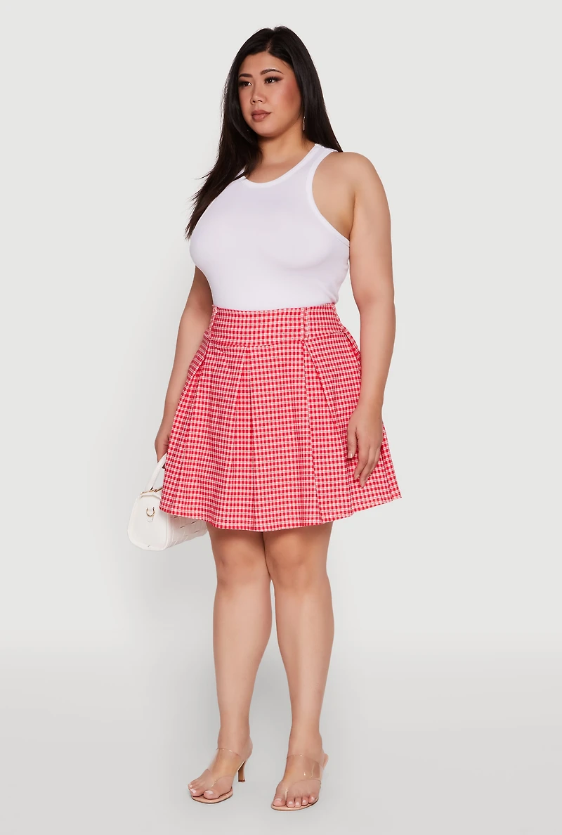 Womens Plus Trendy Plaid High Waist Pleated Skirt, Red,