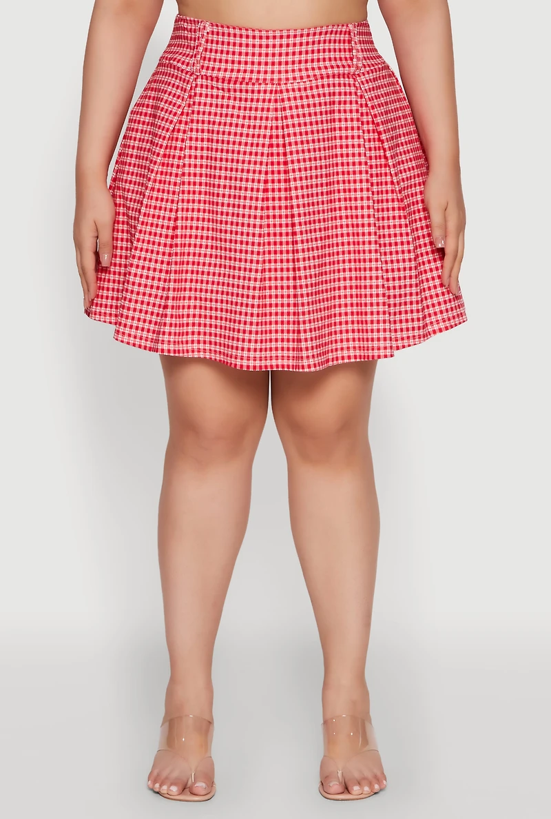 Womens Plus Trendy Plaid High Waist Pleated Skirt, Red,