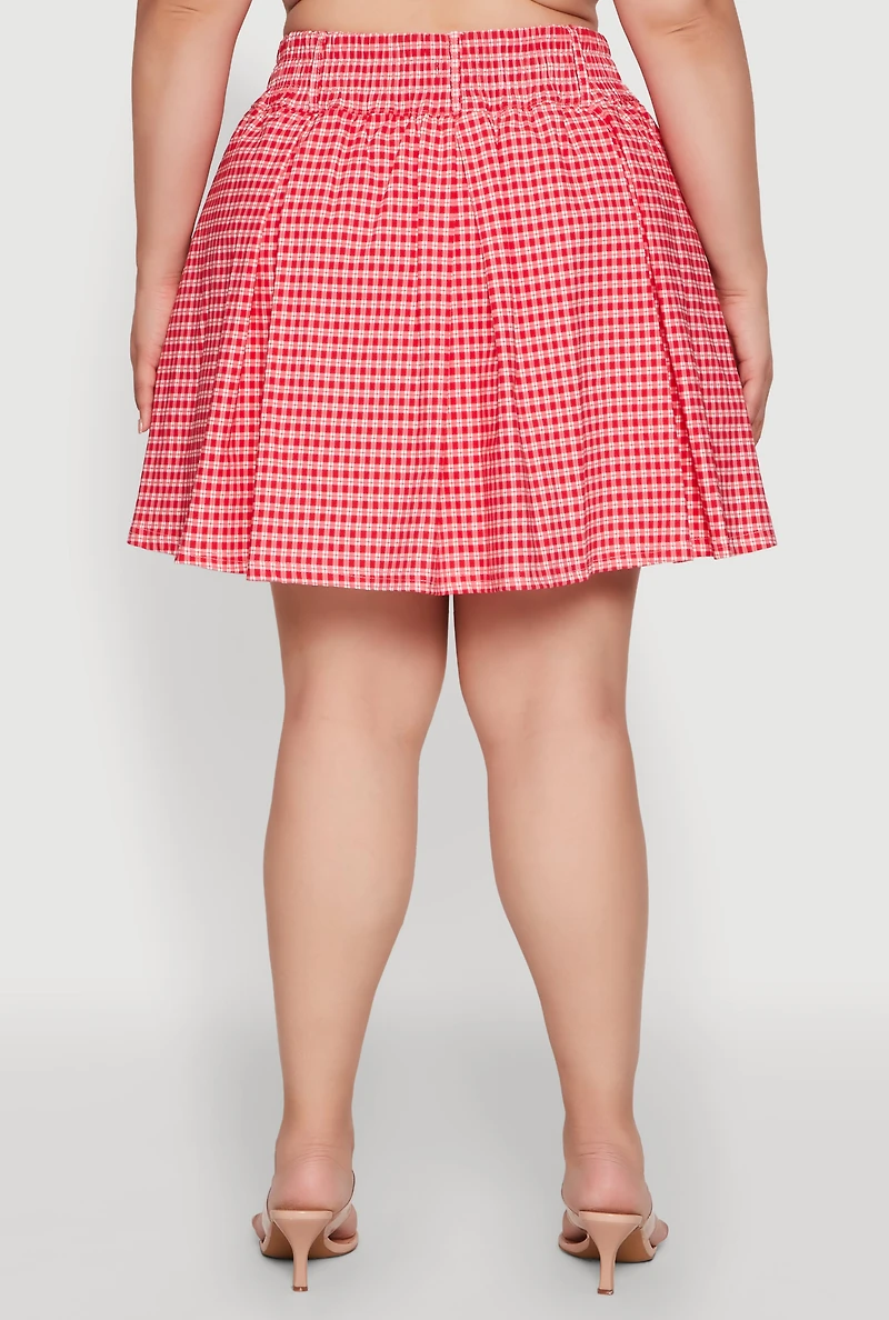 Womens Plus Trendy Plaid High Waist Pleated Skirt, Red,
