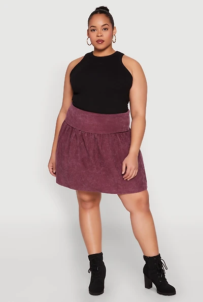 Womens Plus Size Mineral Wash Fold Over Waist Skirt, Burgundy, Size 2X