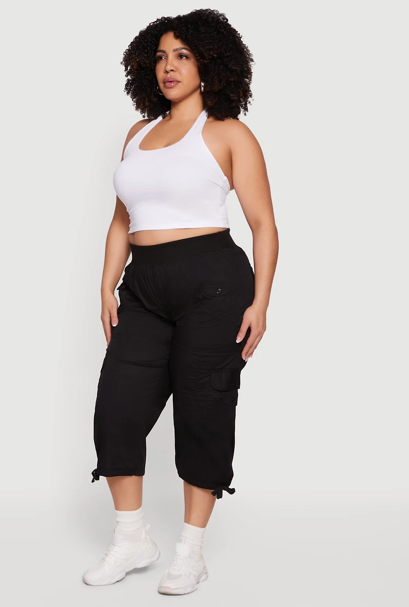 Plus Drawstring Hem Cargo Capri Pants