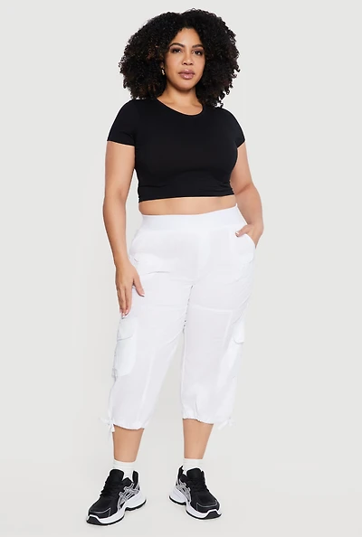 Plus Drawstring Hem Cargo Capri Pants