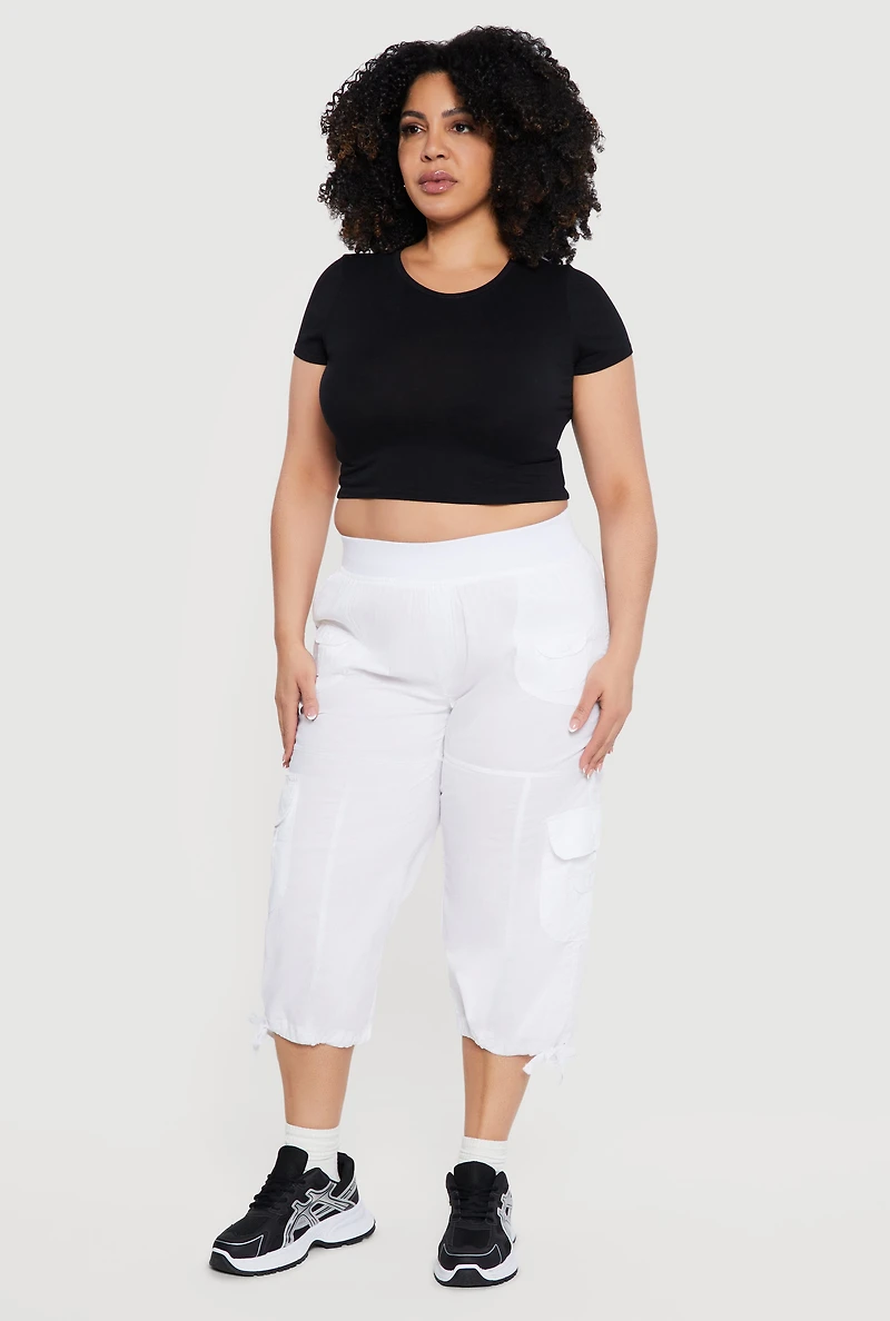 Plus Drawstring Hem Cargo Capri Pants