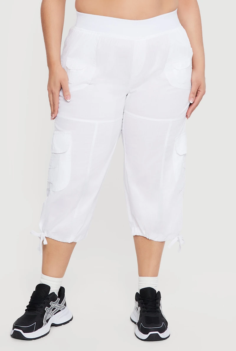 Plus Drawstring Hem Cargo Capri Pants