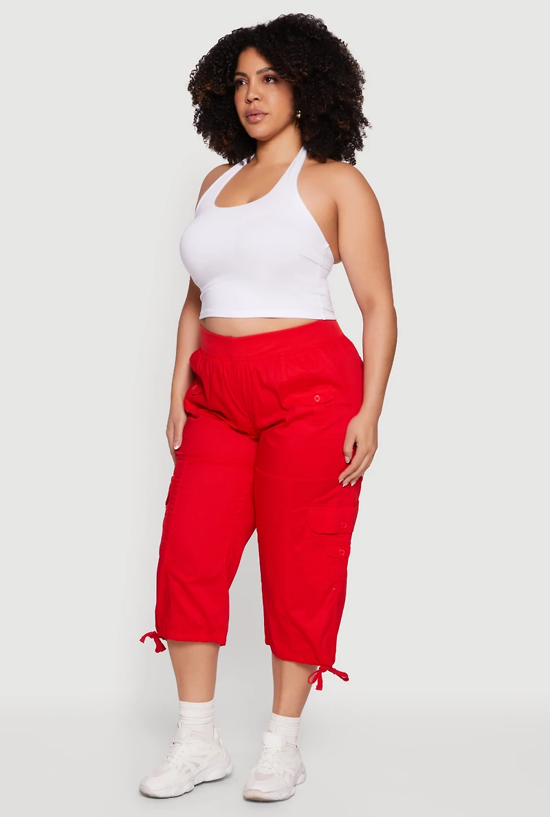 Plus Drawstring Hem Cargo Capri Pants