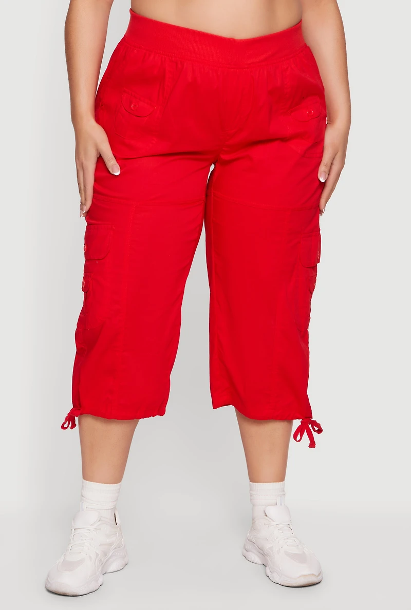 Plus Drawstring Hem Cargo Capri Pants