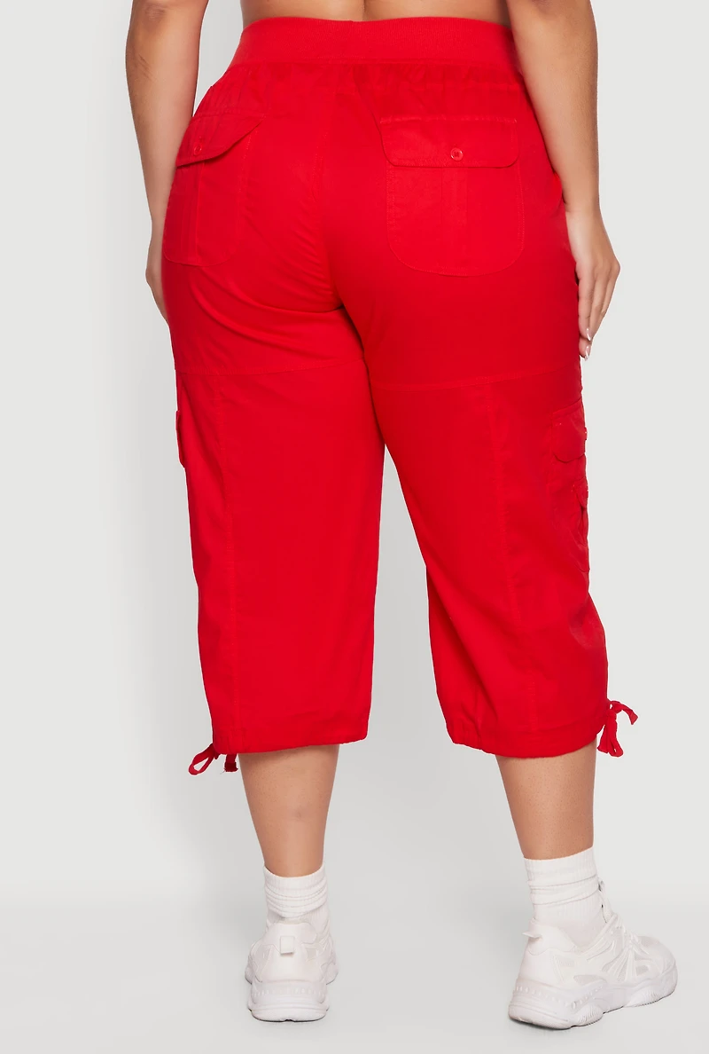 Plus Drawstring Hem Cargo Capri Pants