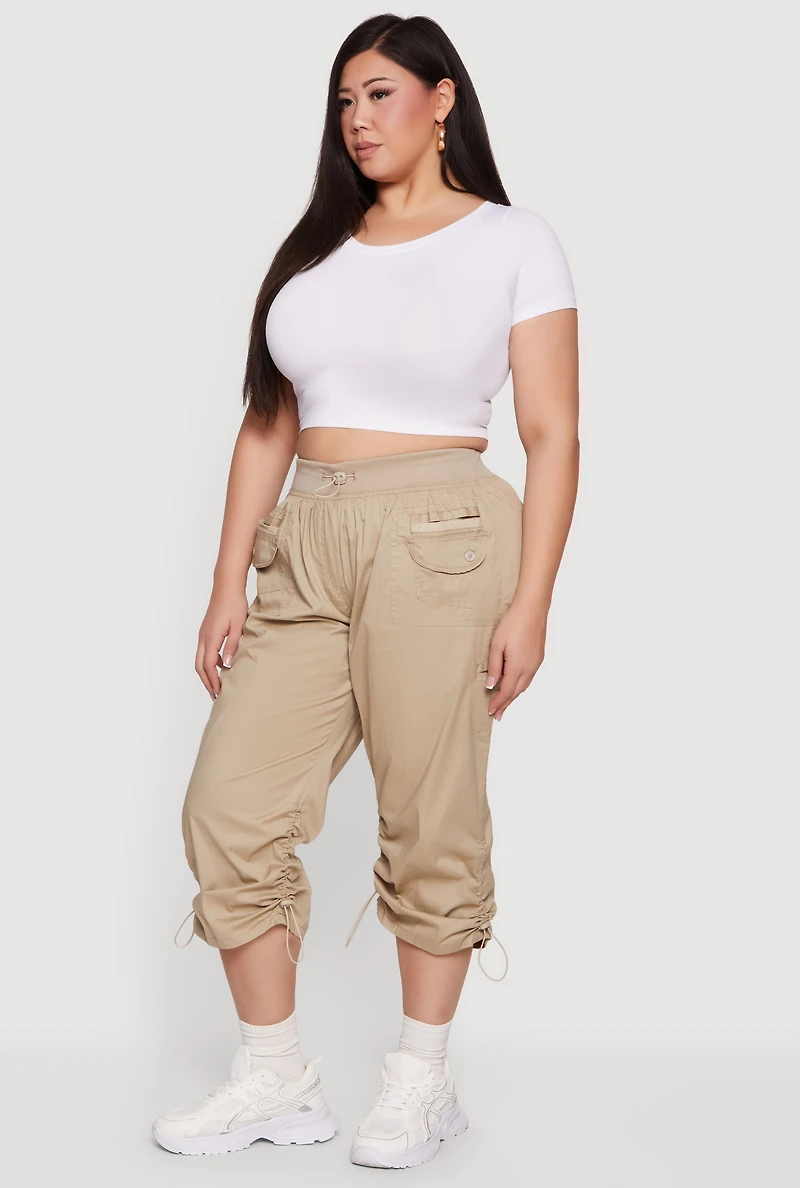 Plus Toggle Drawstring Waisted Cargo Capri Pants
