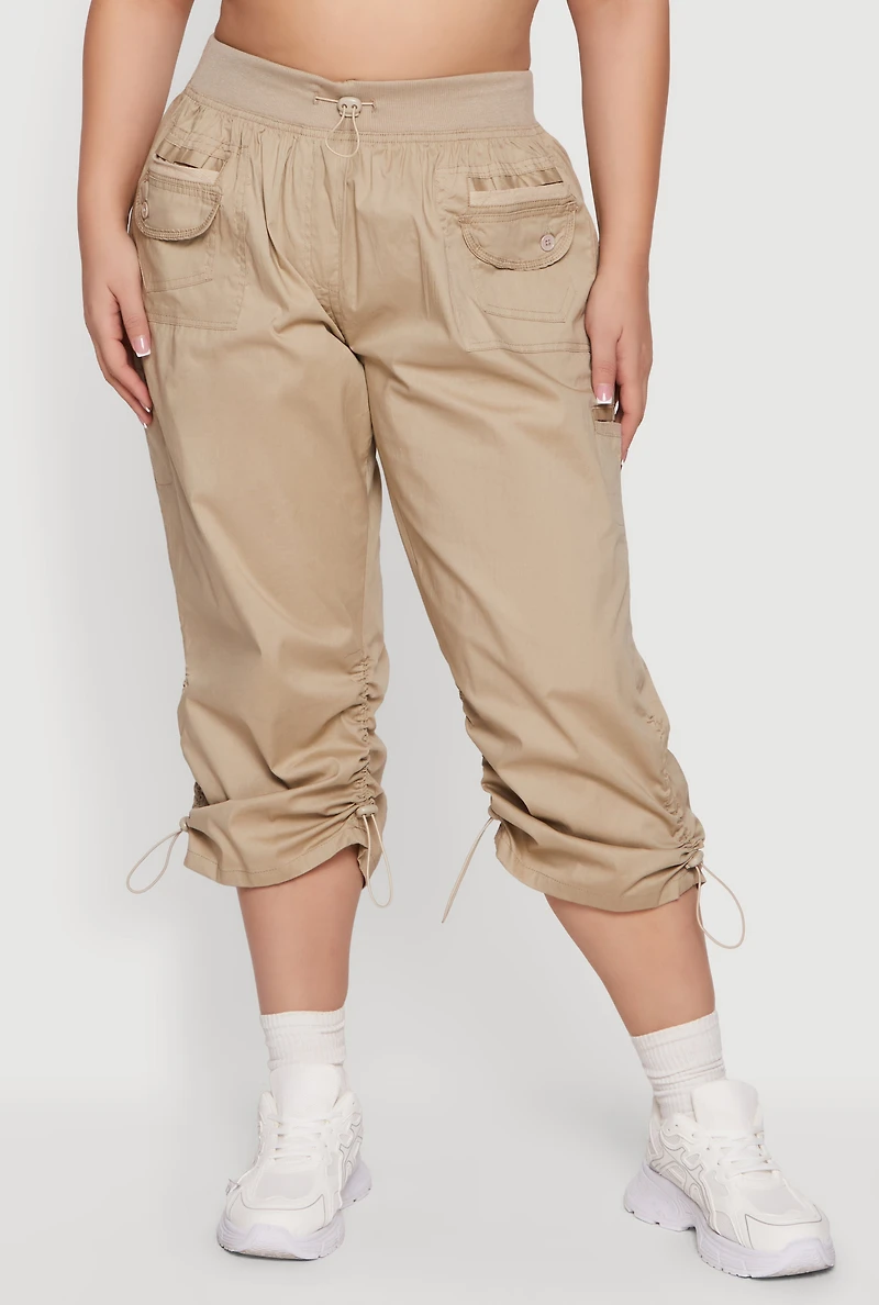 Plus Toggle Drawstring Waisted Cargo Capri Pants