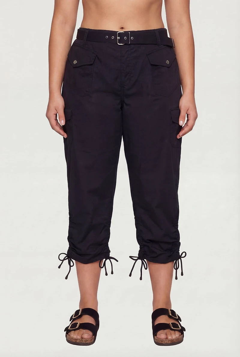 Plus Belted Cargo Capri Pants with Ruched Drawstring Hem