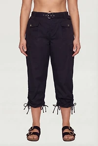 Plus Belted Cargo Capri Pants with Ruched Drawstring Hem