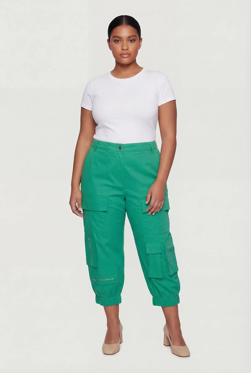 Plus High Waisted Cargo Capris with Zip Pockets