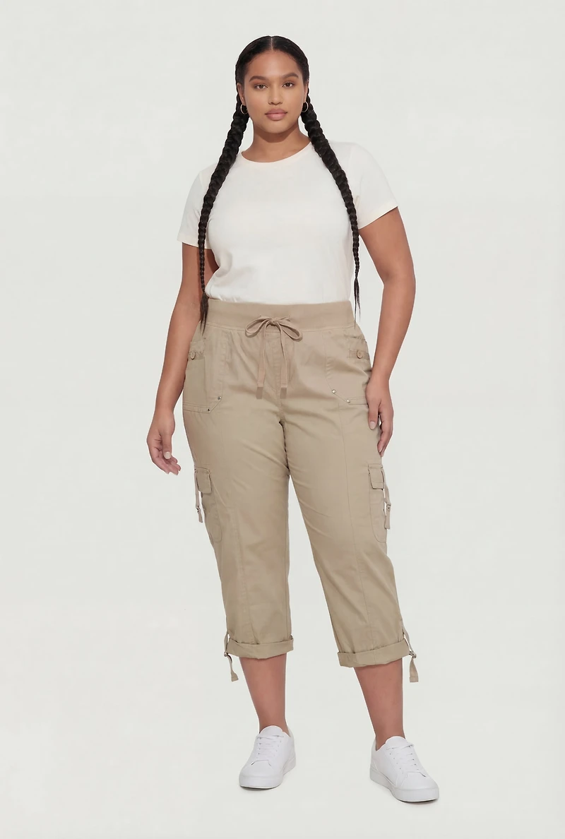 Plus High Waisted Cargo Capris with Rolled Cuffs