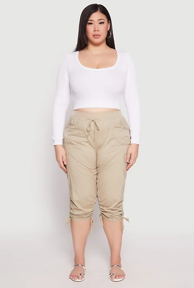 Womens Plus Size Toggle Drawstring Poplin Capri Pants, Khaki, Size 2X